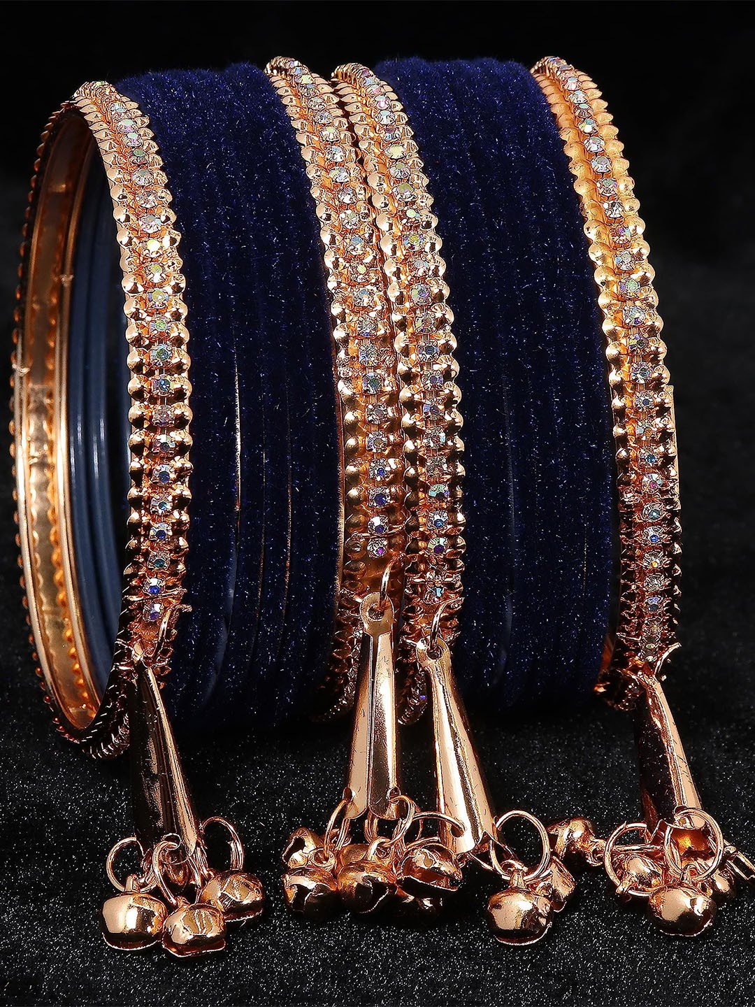 

ZULKA Set of 16 Metal with Zircon Gemstone and Velvet Studded Latkan Bangles, Peach