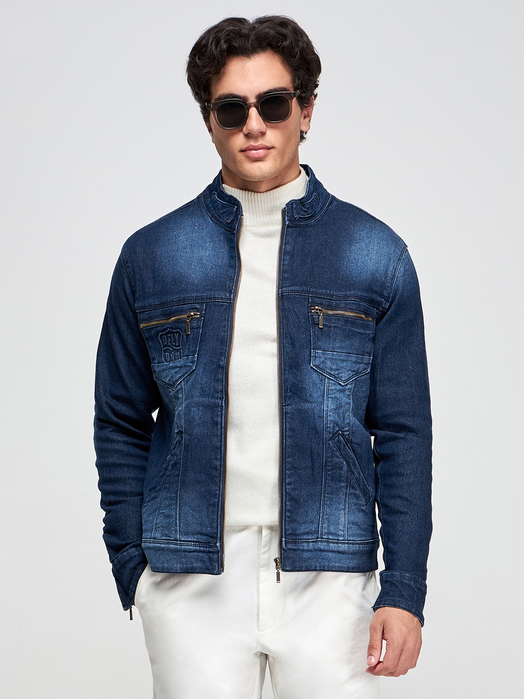 

DAGERRFLY Men Mock Collar Washed Solid Casual Denim Jacket, Navy blue