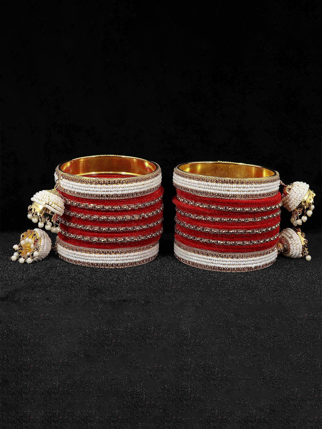 

ZULKA Set Of 32 Artificial Stones And Beads Studded Latkan Bangles, Red