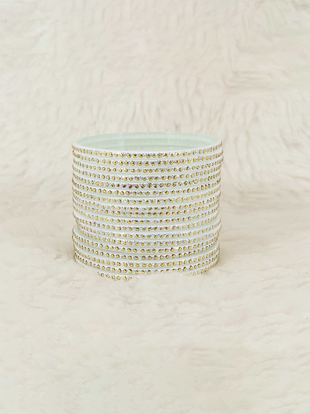 

ZULKA Set of 128 Multicolour Glass with Zircon Pearls and Golden Ballchain Fancy Velvet Bangles, Multi