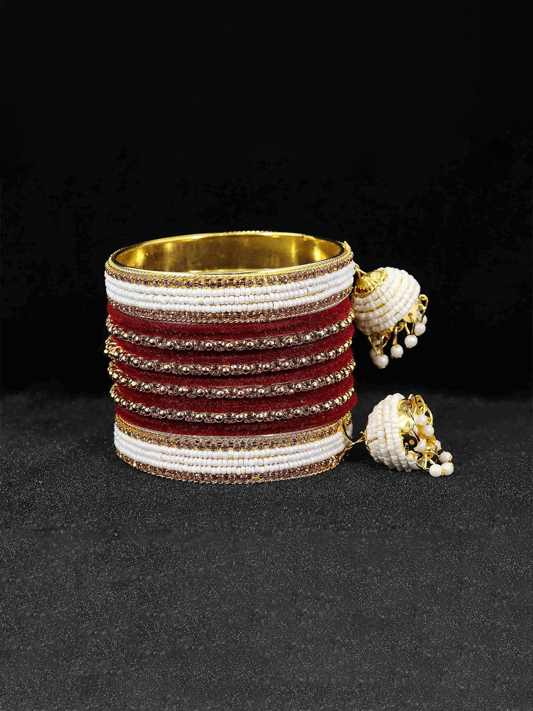 

ZULKA Set of 16 Zircon Gemstone and Velvet Latkan Metal Bangles, Red