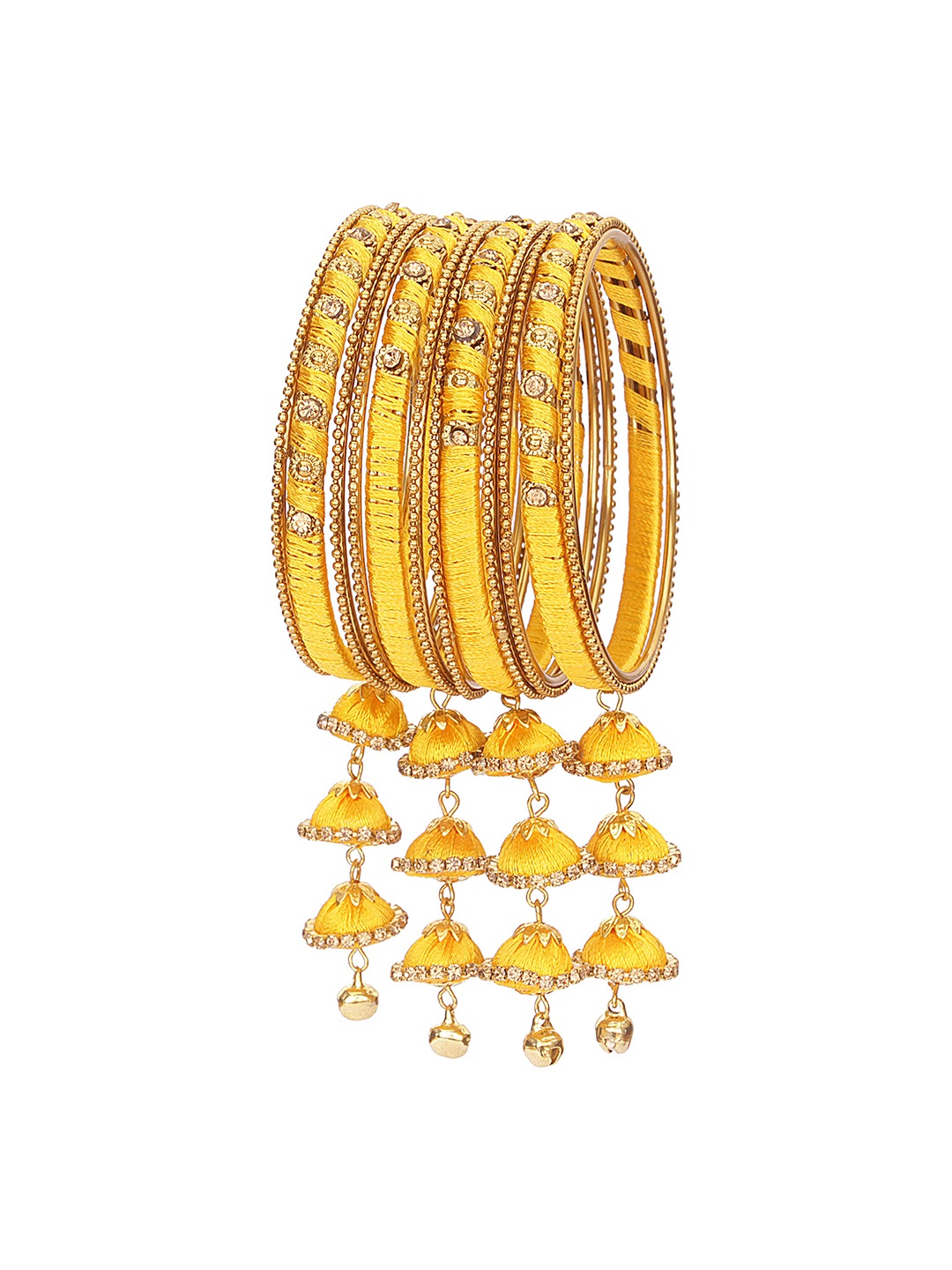 

ZULKA Set Of 20 Alloy Base Silk Thread And Zircon Gemstone Worked Bangle, Yellow