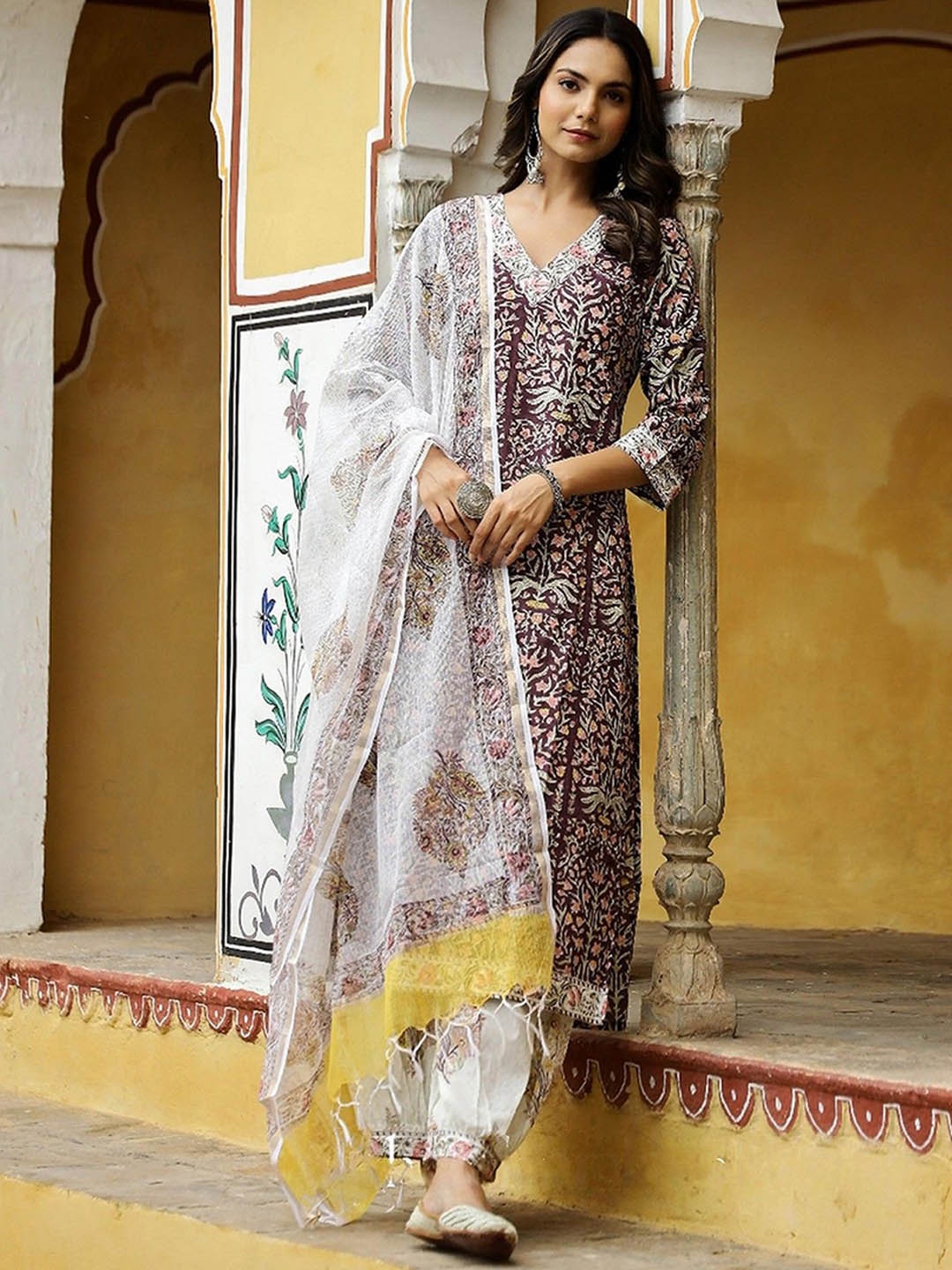 

KALINI Floral Printed V-Neck Straight Kurta With Salwar & Dupatta, Purple