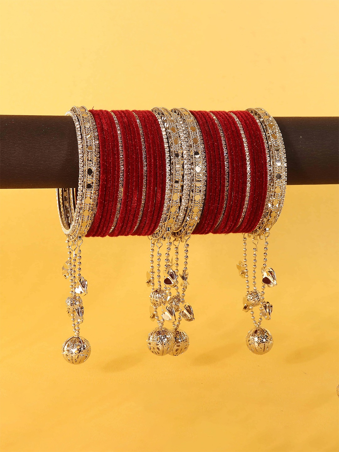 

ZULKA Set of 32 Silver Zircon Stone Latkan Bangle, Red
