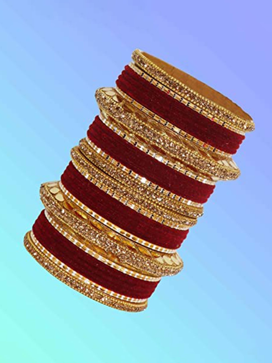 

ZULKA Set of 60 Gold Plated Zircon Stone Studded Bangles, Maroon