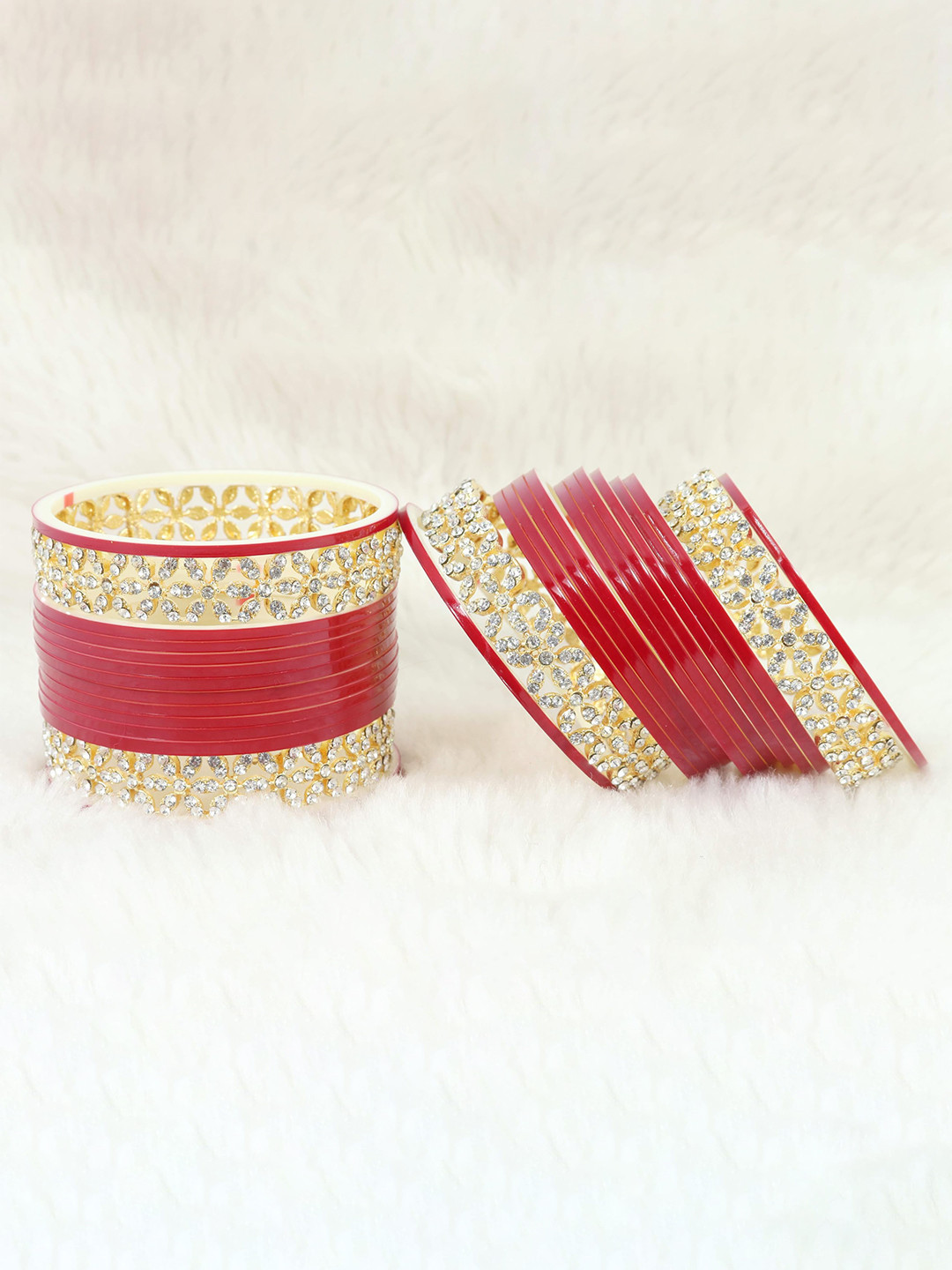 

ZULKA Set of 12 Metal with AD Diamond Bangles Kada, Red