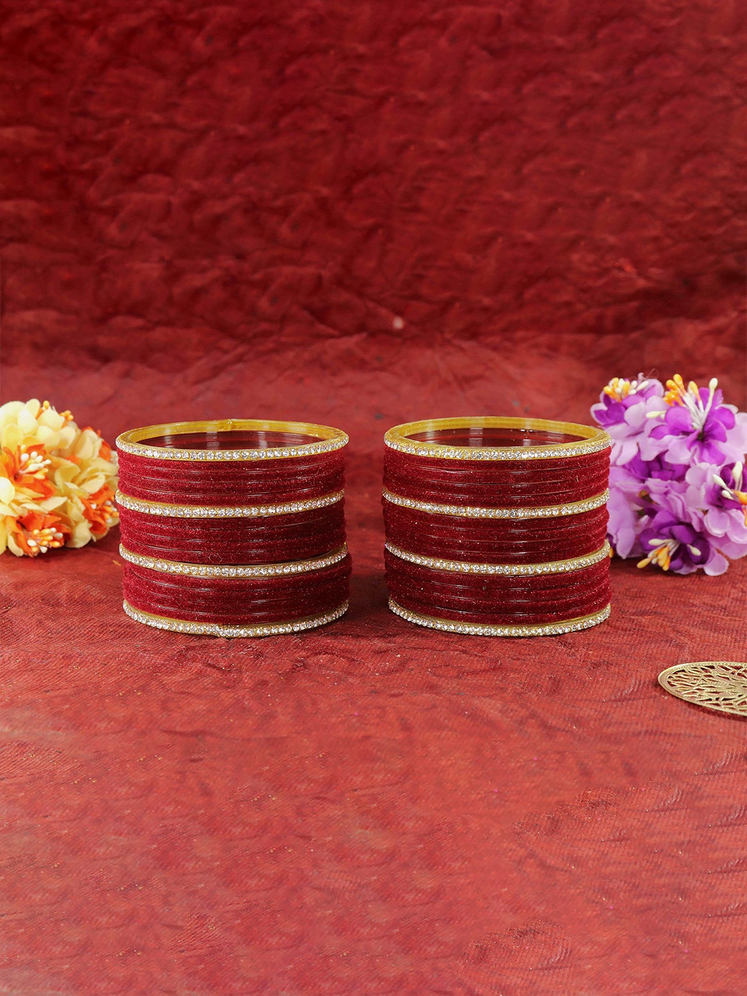 

ZULKA Set of 32 Glass with Velvet & Golden Zircon Diamond Stone Bangles, Pink