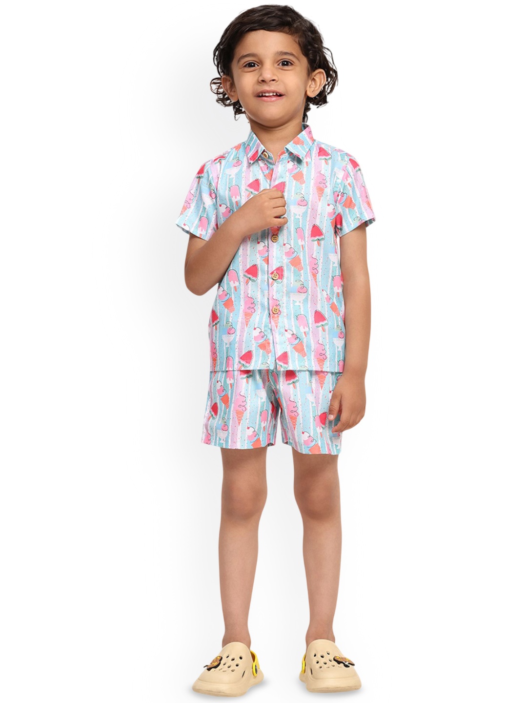 

Funny Bones Clothings Boys Ice Cream Printed Shirt With Shorts, Blue