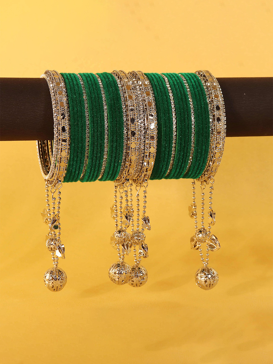 

ZULKA Set of 40 Silver Zircon Diamond Stone Studded Latkan Bangles, Green