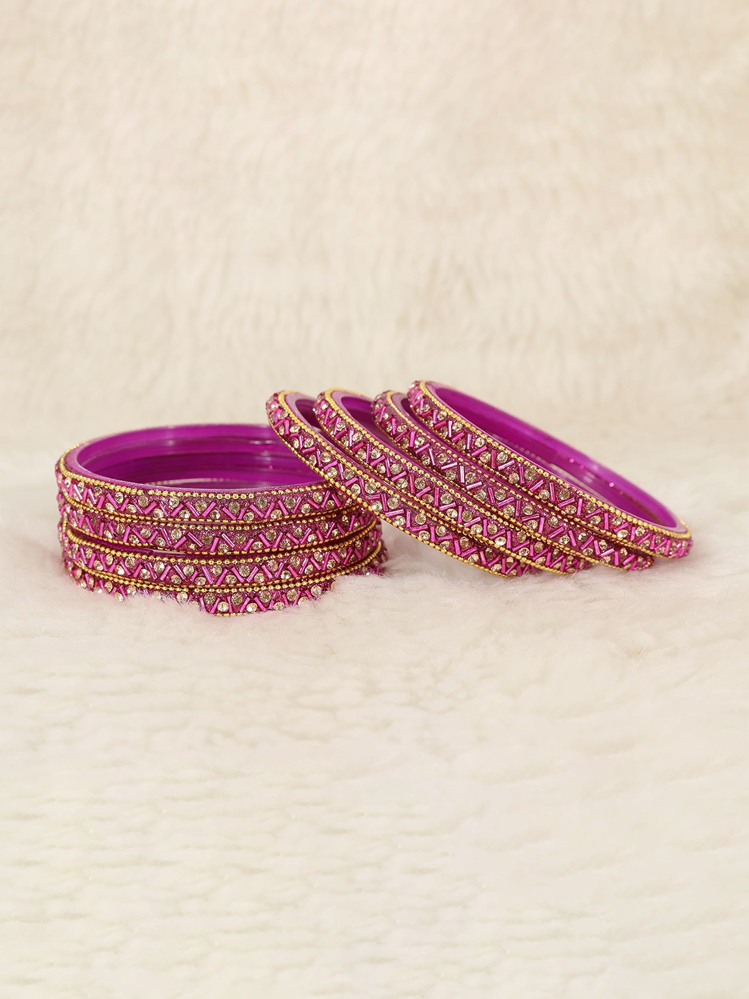 

ZULKA Set of 8 Zircon Gemstone and Beads Studded Glass Bangles, Purple