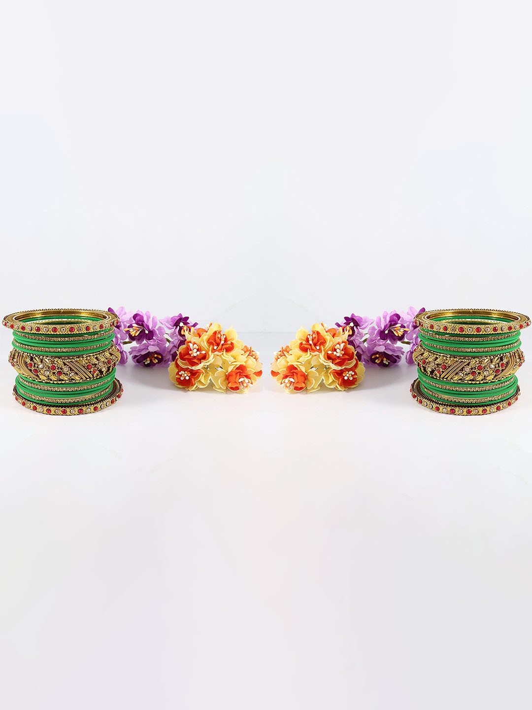 

ZULKA Set of 30 Metal with Zircon Gemstone Studded Bangles, Green