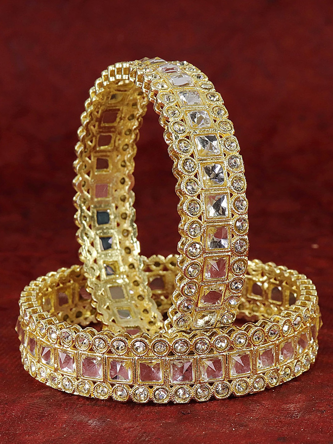

ZULKASet of 2 Golden Metal Bangles with Zircon Diamond & Kundan, Gold
