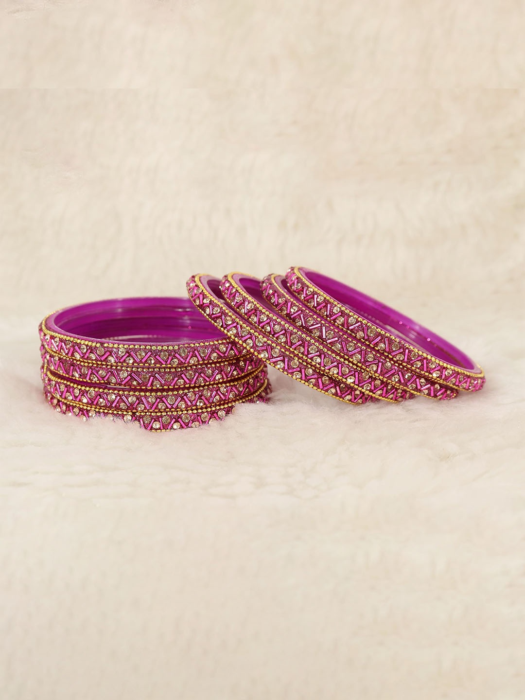 

ZULKA Set of 8 Glass Bangles Zircon Gemstone and Beads Studded Bangles, Magenta
