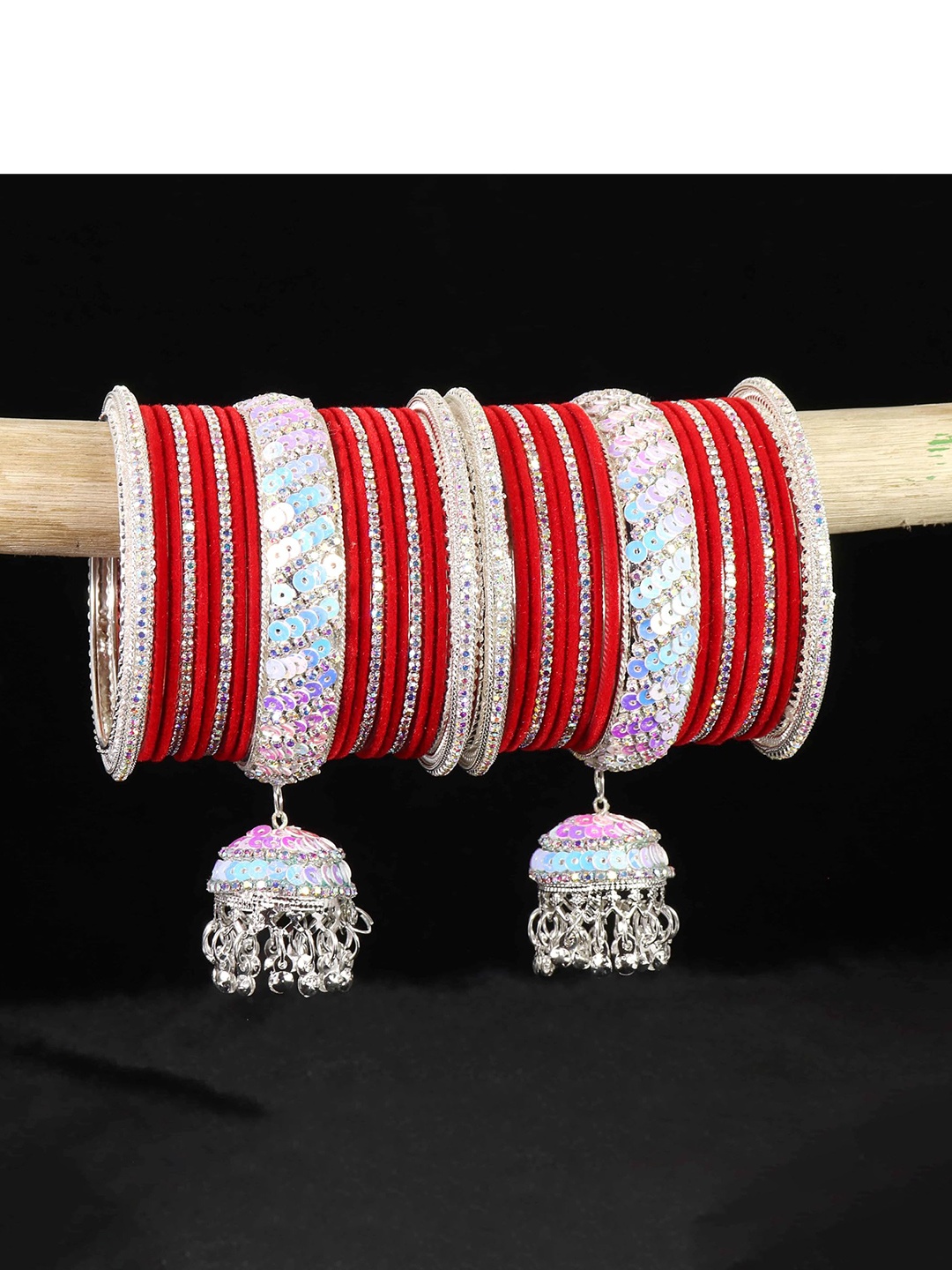 

ZULKA Set of 32 Glass with Velvet & Golden Zircon Diamond Stone Bangles, Grey