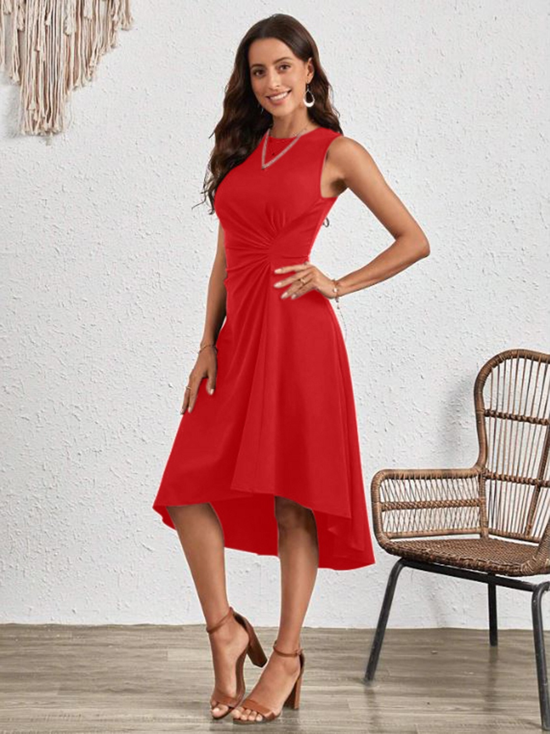 

Oomph! Women Fit & Flare Dress with High-Low Hemline, Red