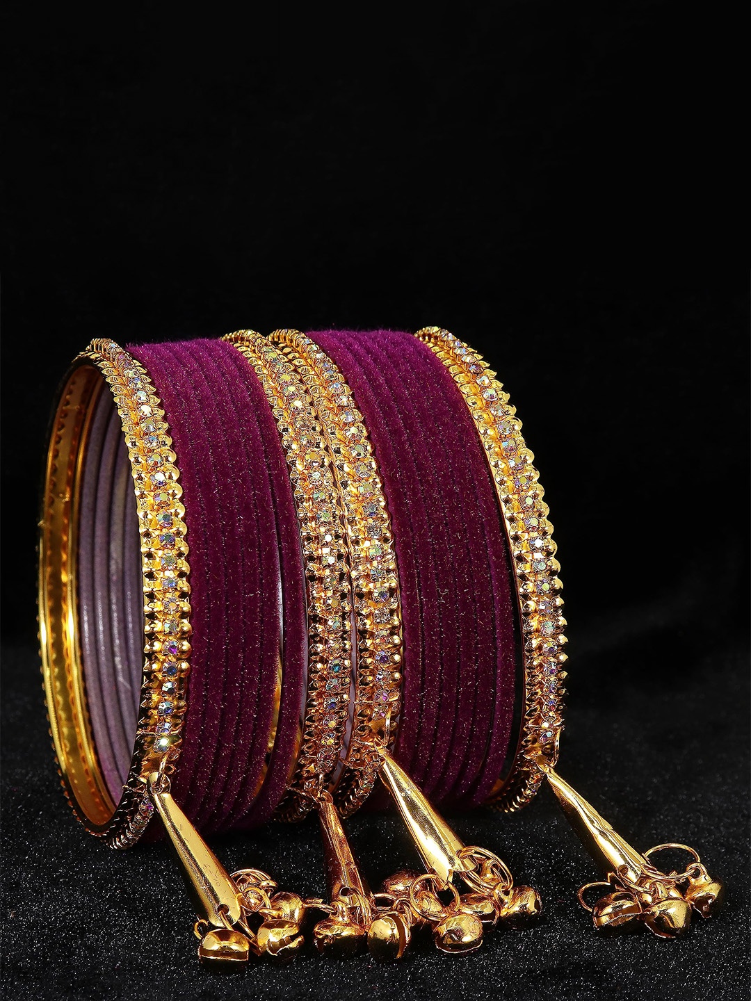 

ZULKA Set Of 104 Gold Plated CZ Stone Studded & Latkan Bangles, Purple