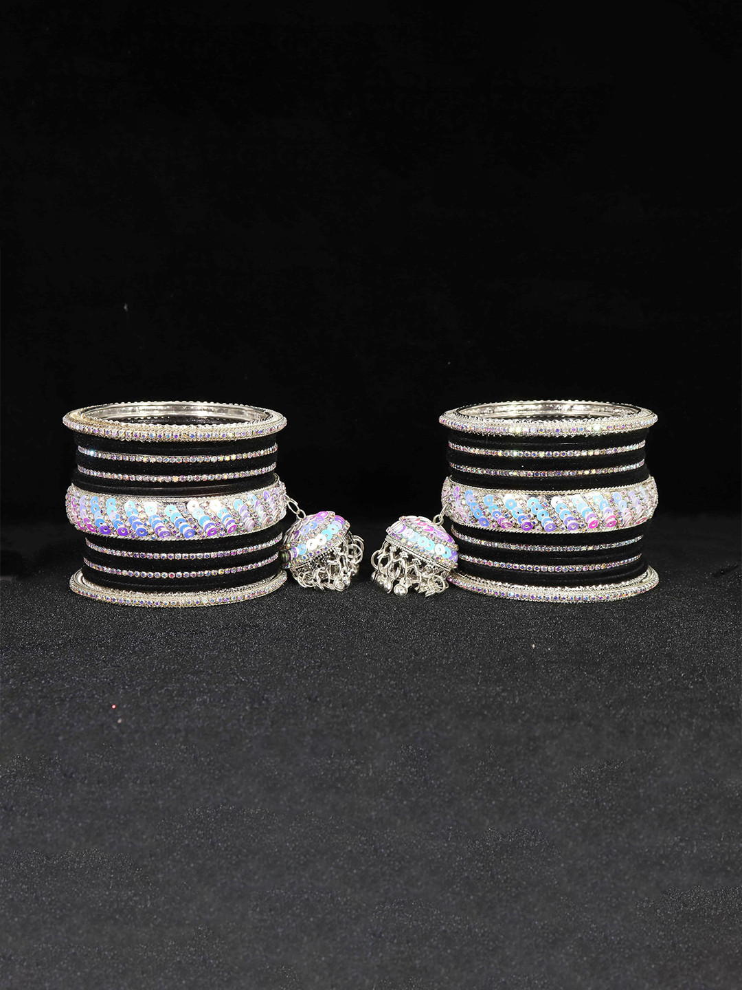 

ZULKA Set of 32 Glass with Velvet & Golden Zircon Diamond Stone Bangles, Black