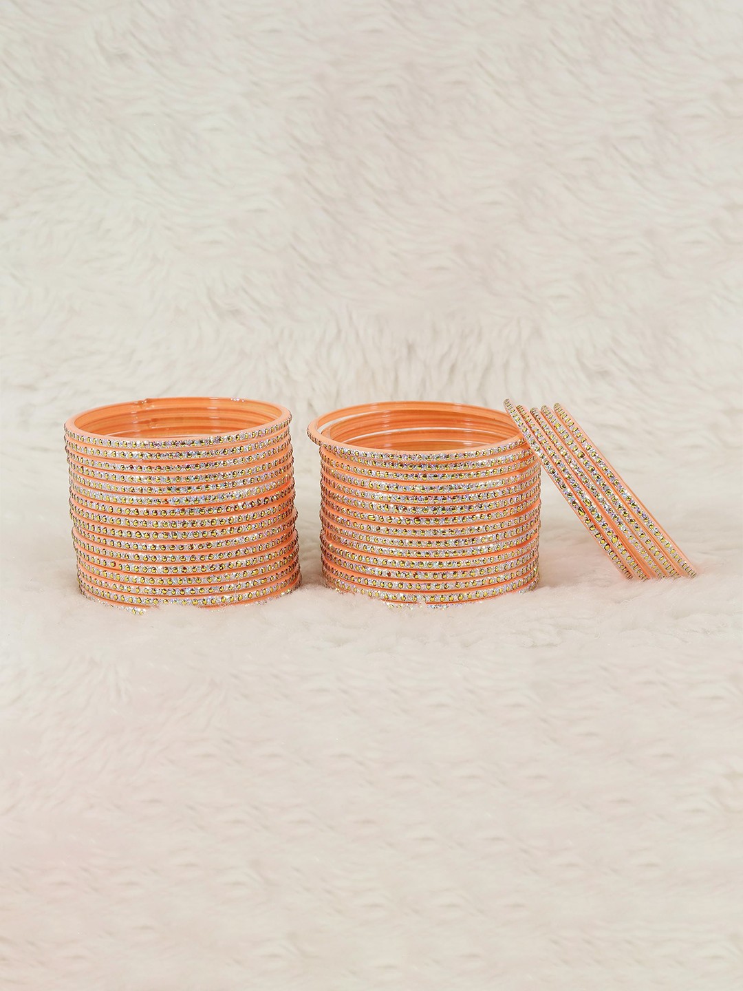 

ZULKA Set of 36 Glass Golden Polka Dots & Glitter Bangles, Peach