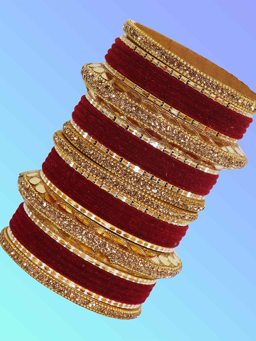 

ZULKA Set of 30 Zircon Stone Beaded Premium Gold Plated Metal Bangles, Maroon