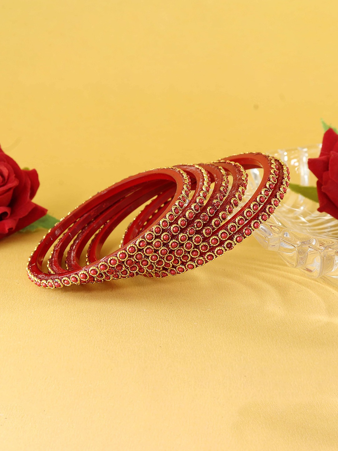 

ZULKA Set of 4 Glass with Zircon Gemstone and Beads Studded Glossy Finished Kada For Women, Maroon