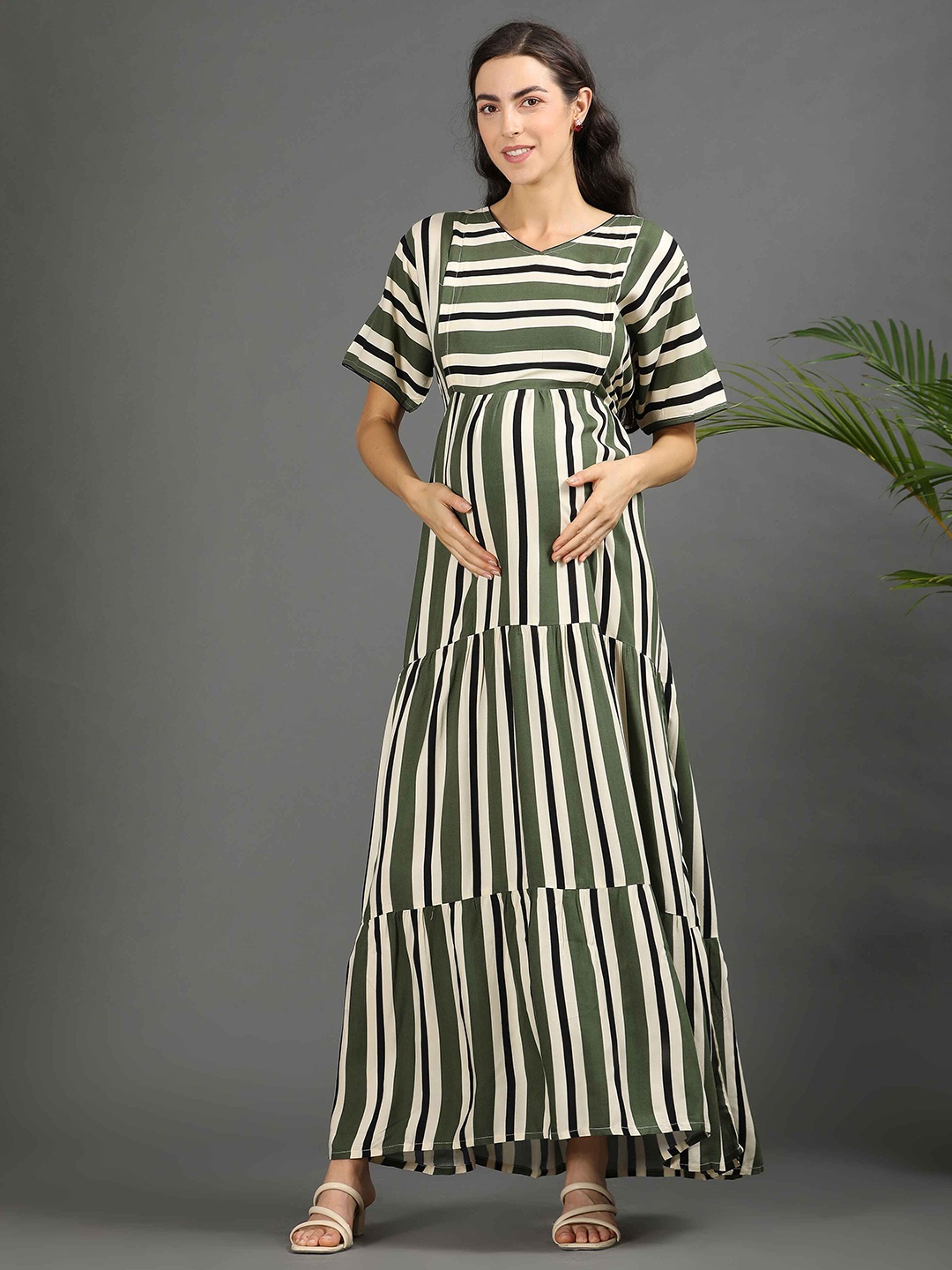 

GOLDSTROMS Women Striped Maternity Ethnic Maxi Dress, Green
