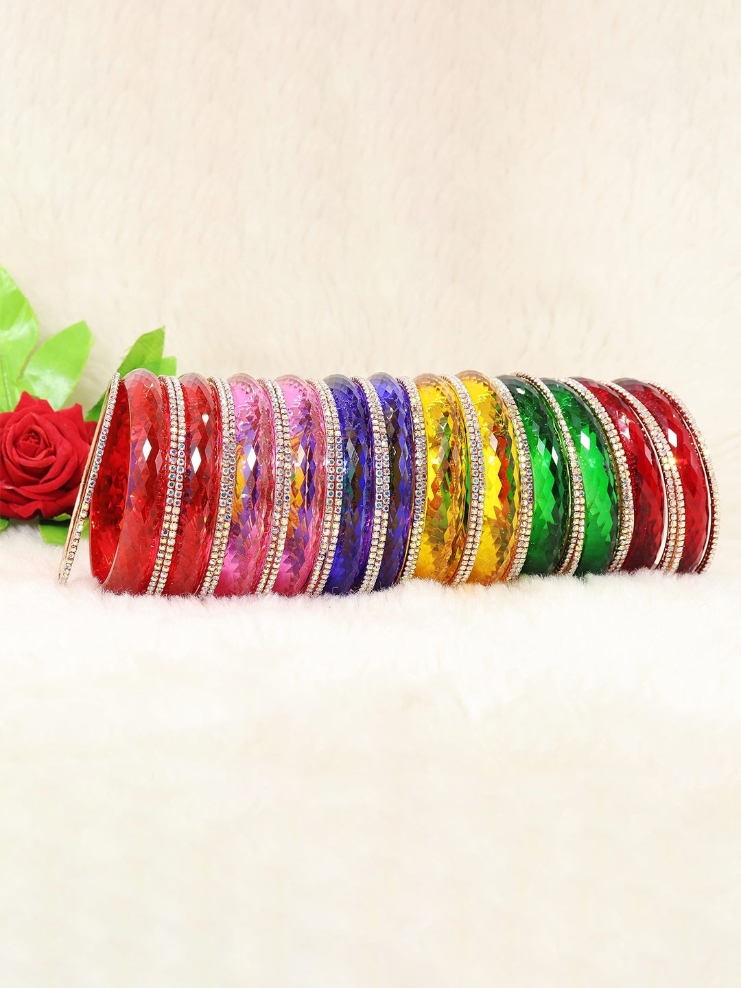

ZULKA Set of 144 Stylish Multicolour Glass Bangles 's With Golden Zircon Gemstone, Multi