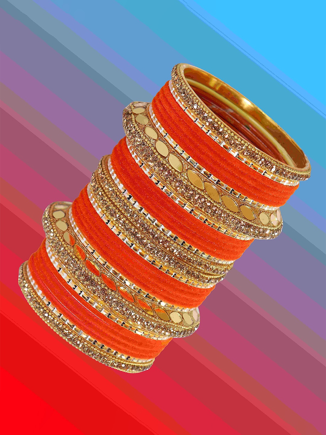 

ZULKA Set of 30 Premium Gold Plated Metal Chuda with Zircon Stone & Beads, Red