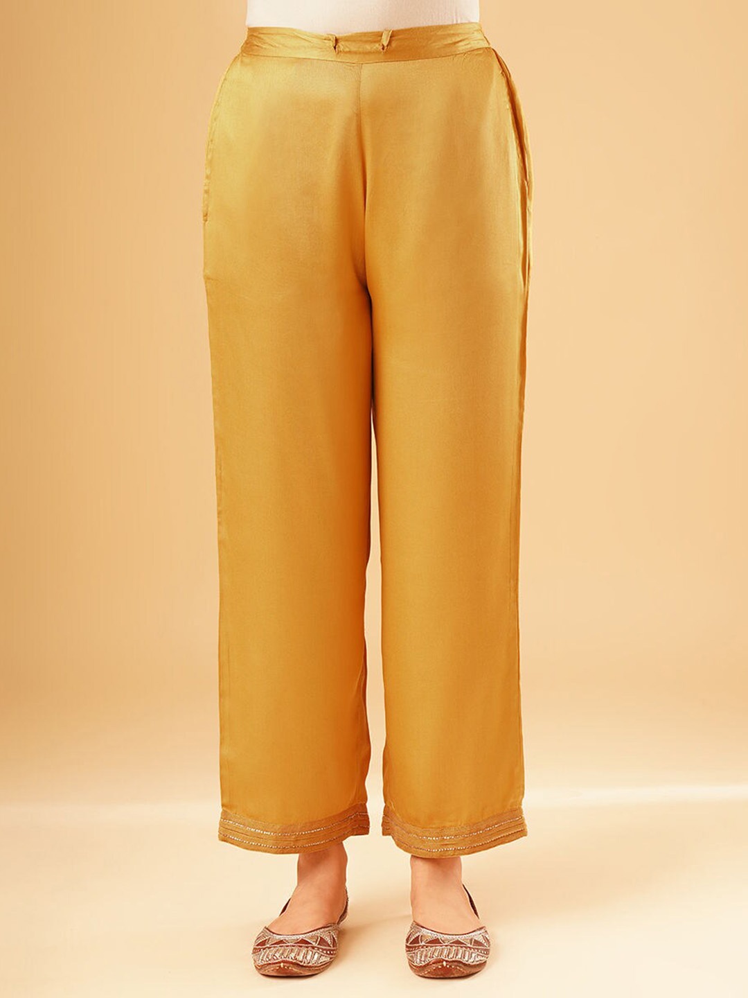 

JAYPORE Women Embroidered Relaxed Trousers, Mustard