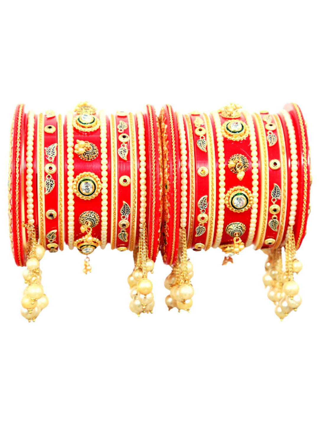 

Align Set Of 2 Gold-Plated Stone-Studded & Pearls Beaded Chuda Bangles