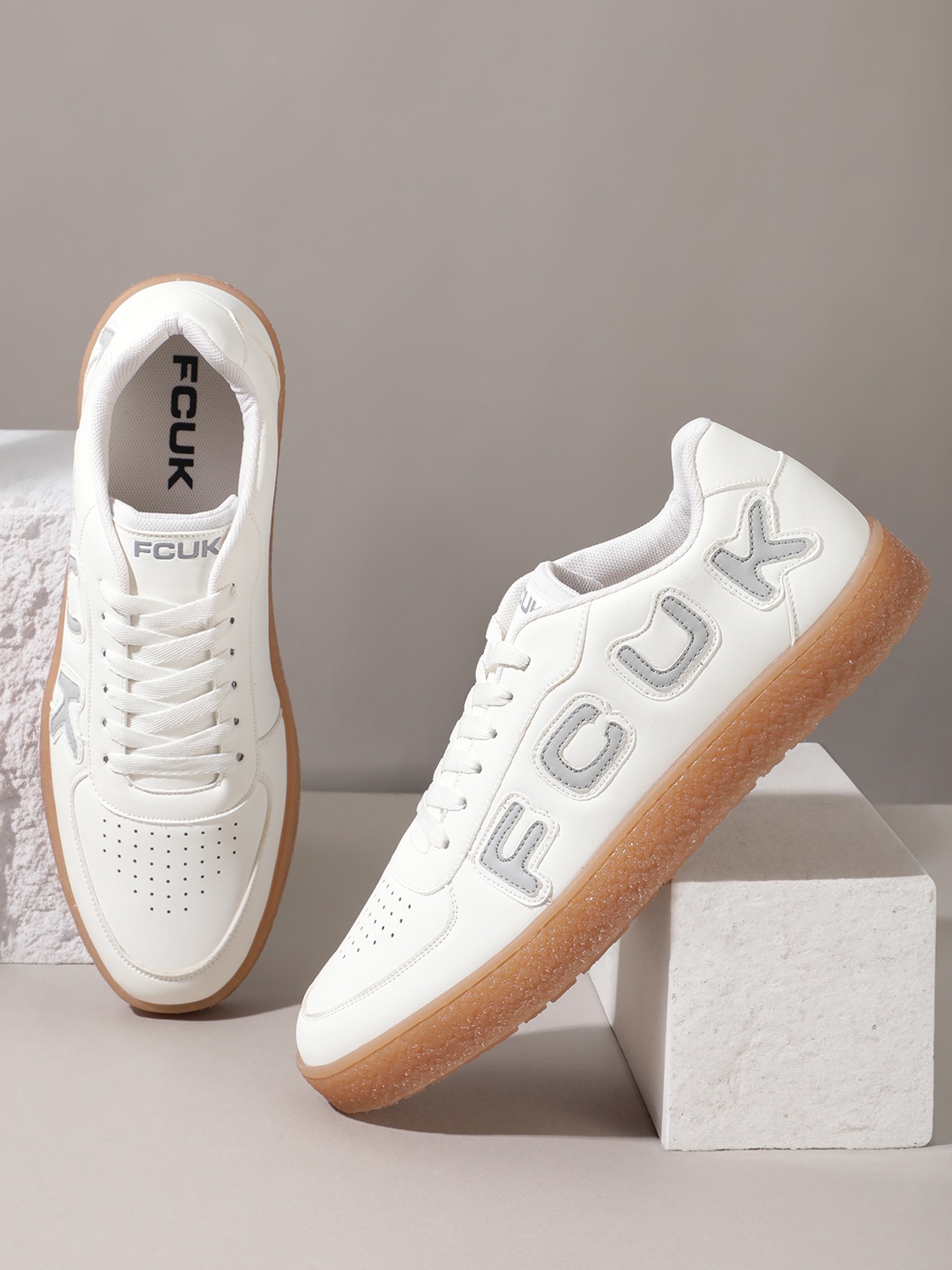 

FCUK Men Brand Logo Printed Round-Toe Sneakers with Perforated Detail, White