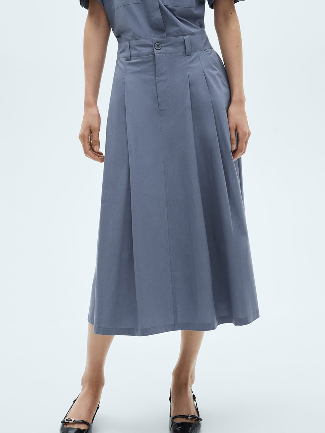 

MANGO Pure Cotton Pleated Midi Skirt, Blue