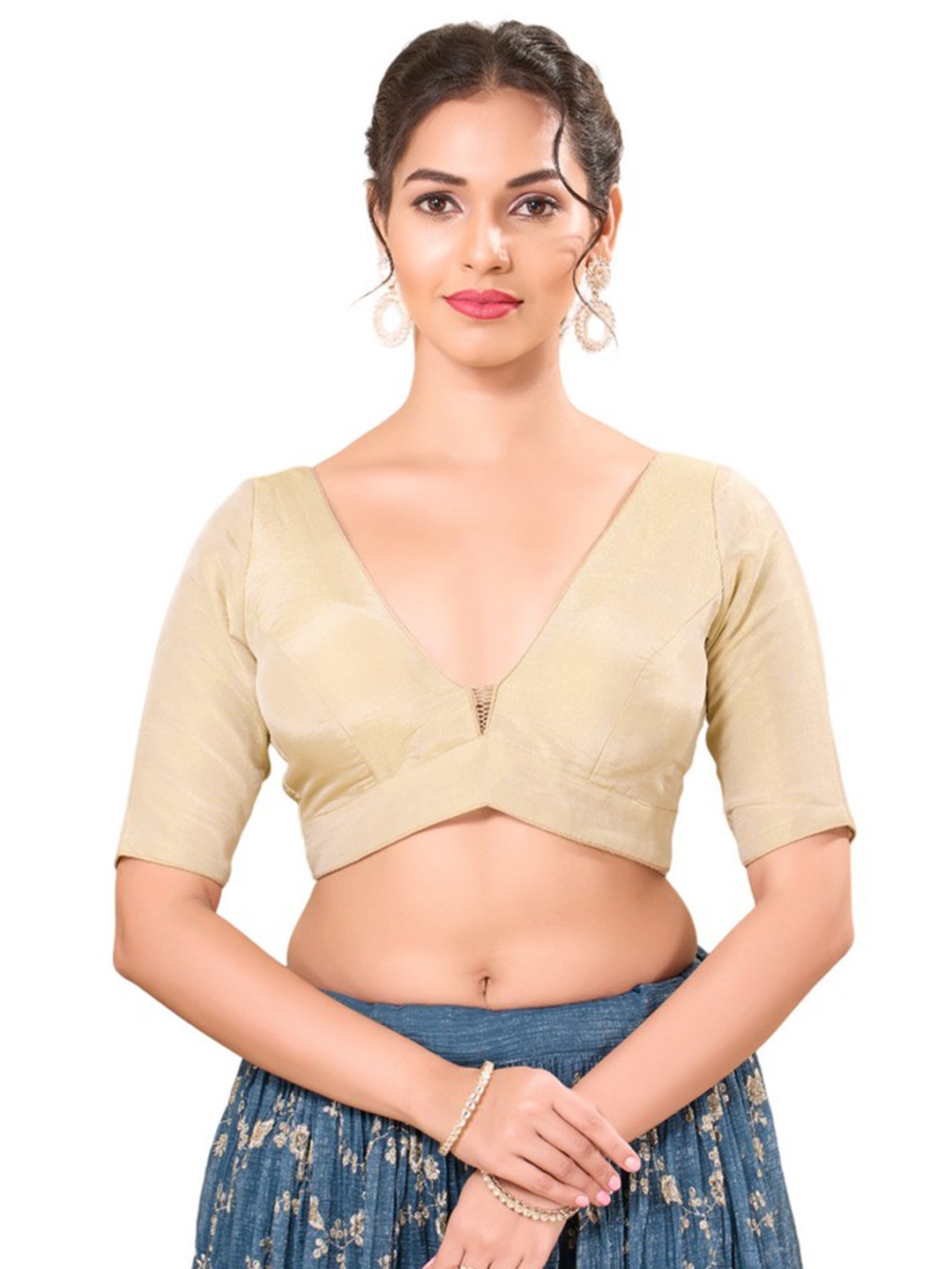 

Mmore Net V Neck Readymade Padded Saree Blouse, Gold