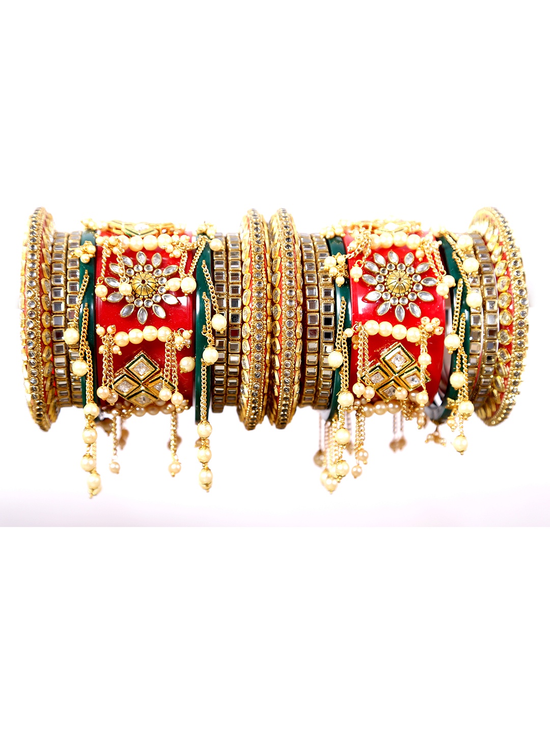 

Align Set Of 2 Gold-Plated Stone-Studded & Beaded Chudas Bangles