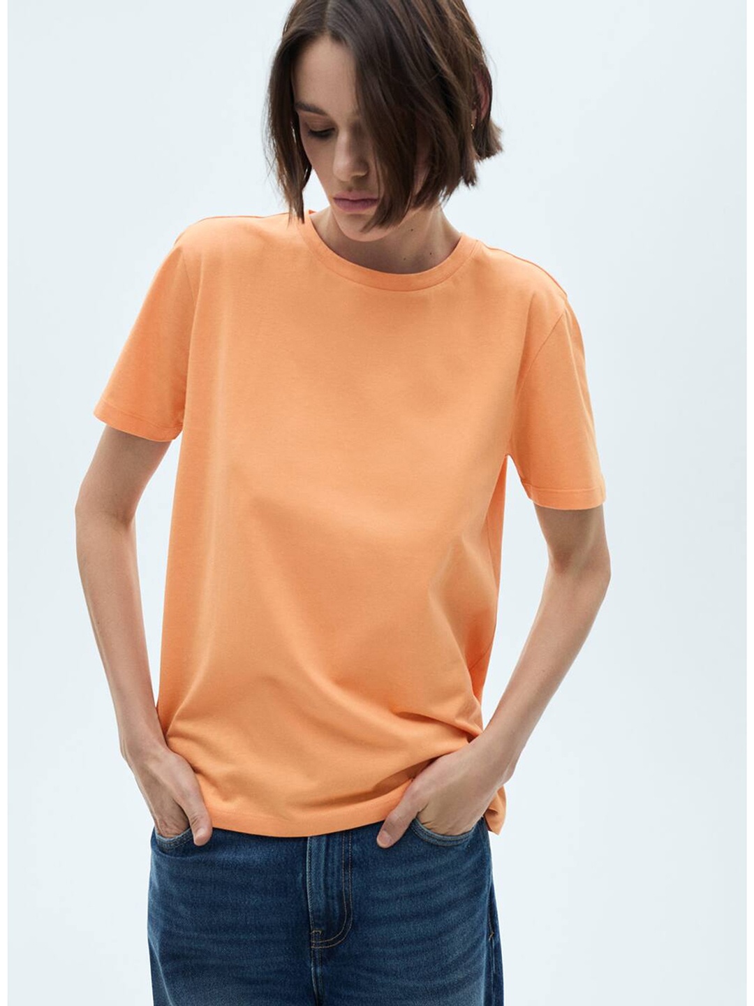 

MANGO Drop-Shoulder Sleeves Pure Cotton T-shirt, Orange