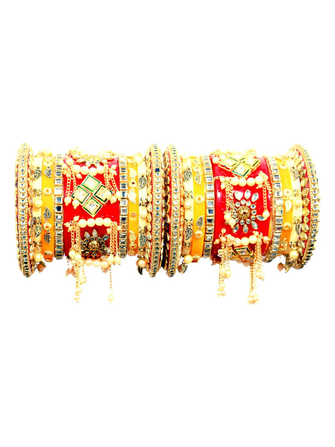 

Align Set Of 2 Gold-Plated Stones Studded & Pearls Beaded Chuda Bangles