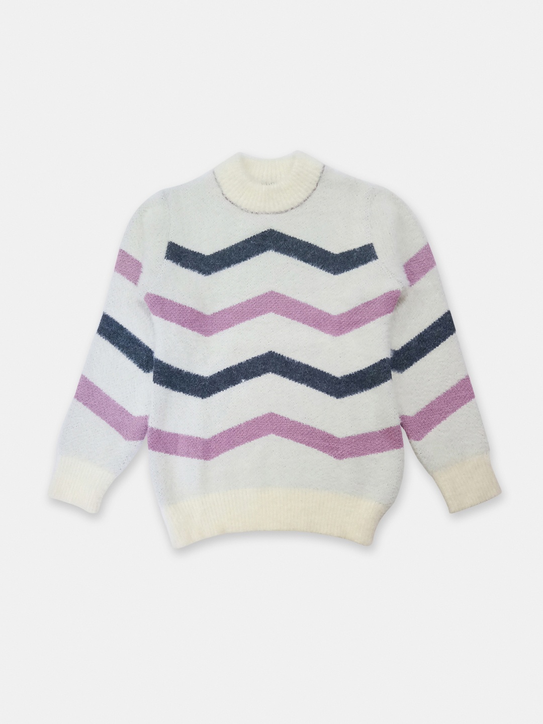 

Here&Now X Game Begins Girls Chevron Striped Acrylic Pullover with Fuzzy Detail, Off white