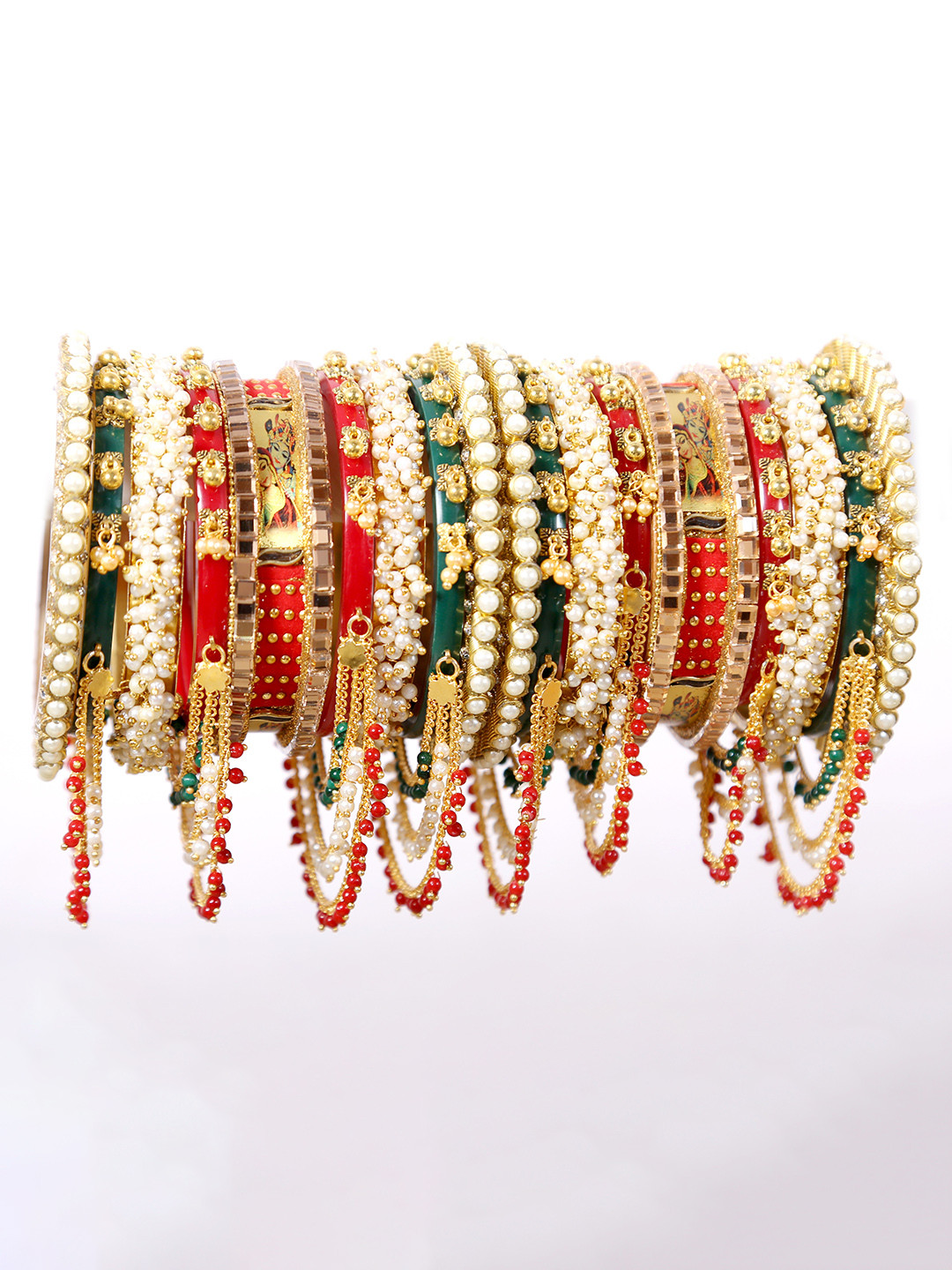 

Align Set Of 2 Gold-Plated Stones-Studded & Pearl Beaded Chuda Bangles