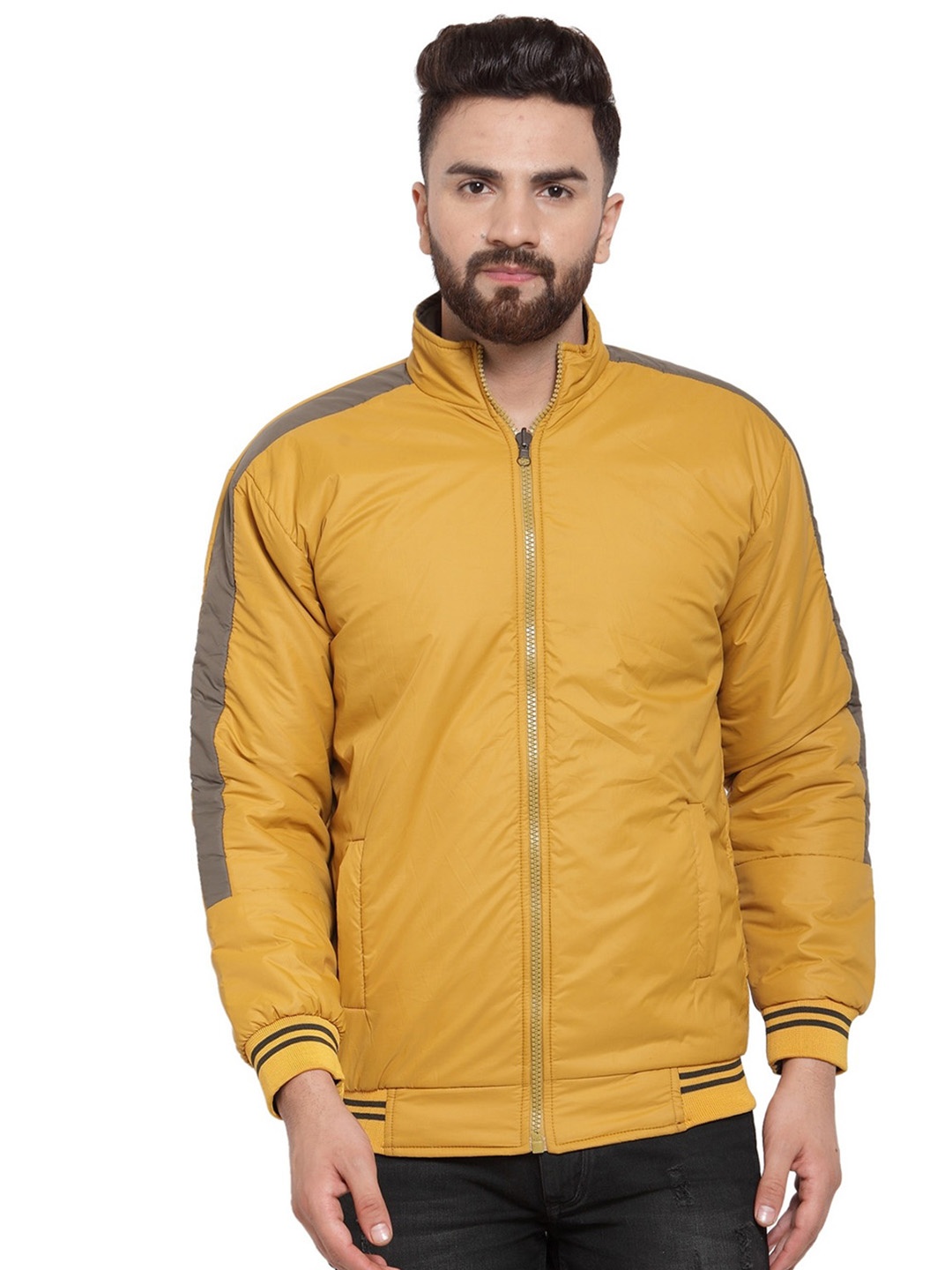 

Ben Martin Men Geometric Reversible Quilted Jacket with Patchwork, Mustard