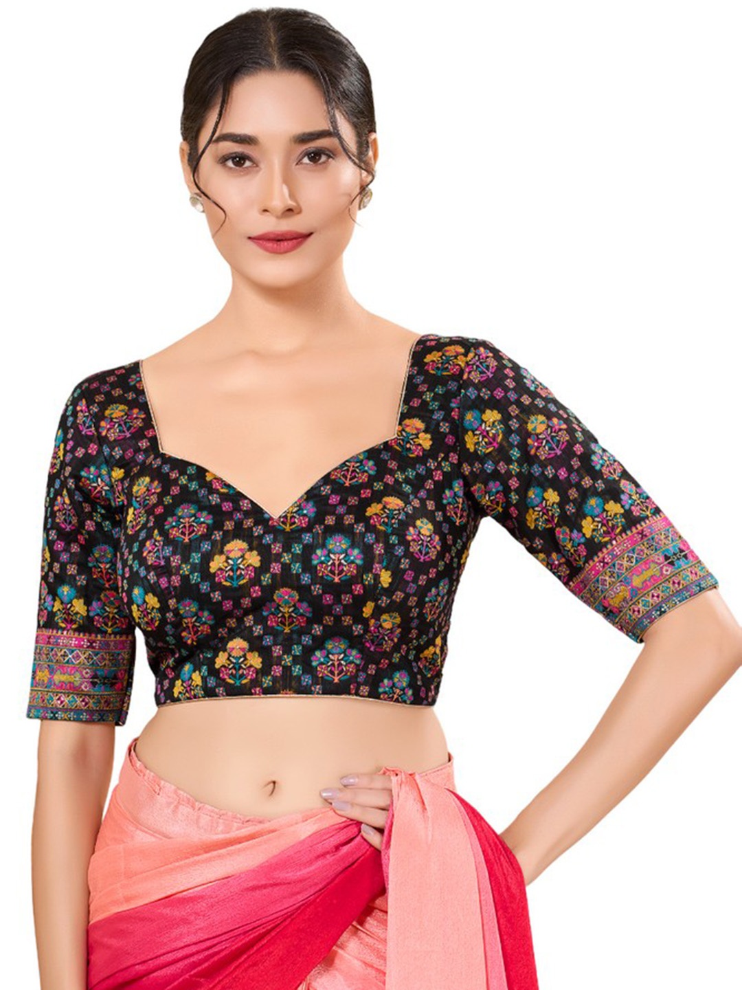 

Mmore Cotton Sweatheart Neck Readymade Padded Cotton Blouse, Black
