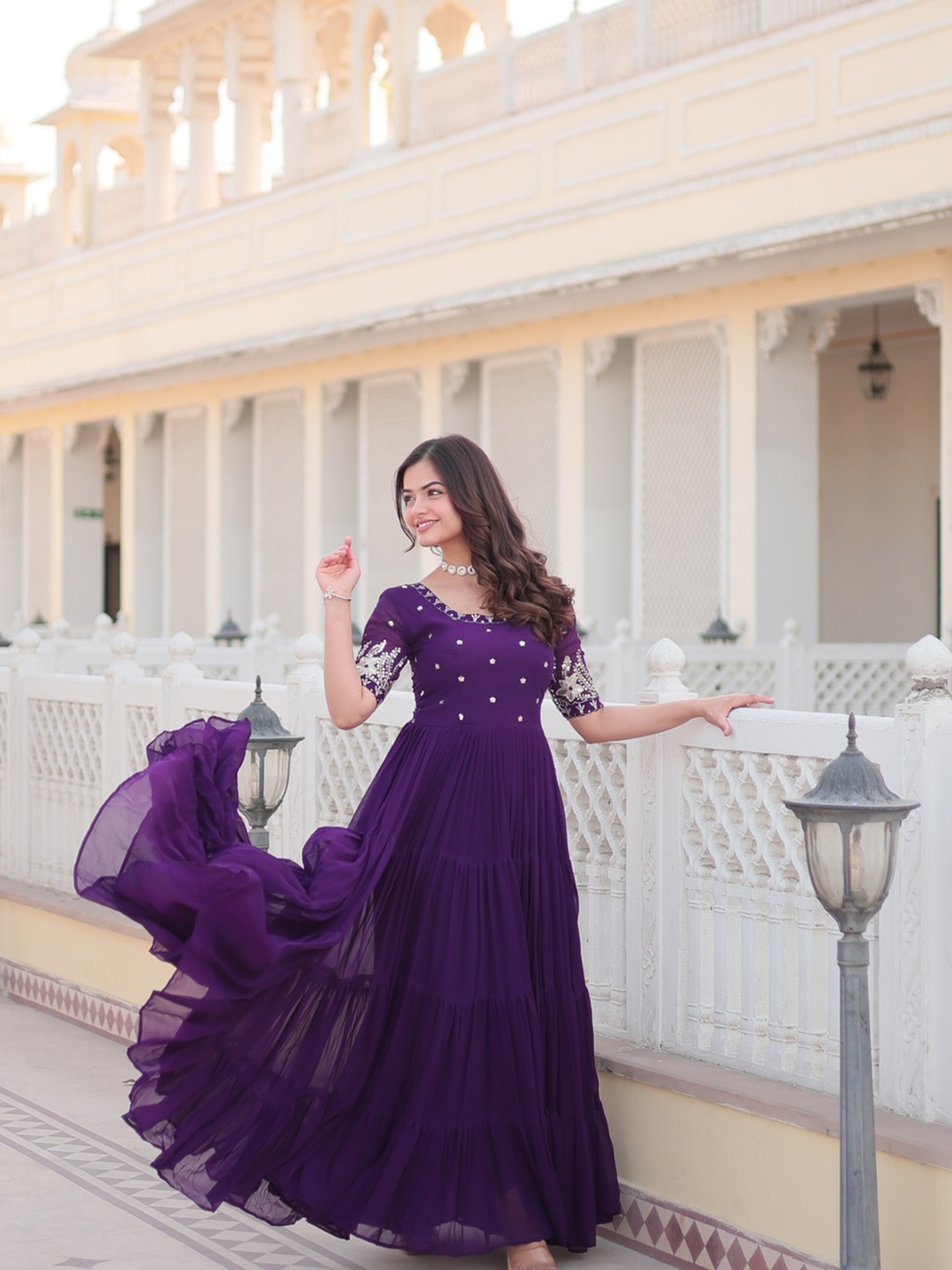 

KALINI Women Embroidered Flared Maxi Ethnic Dress, Purple