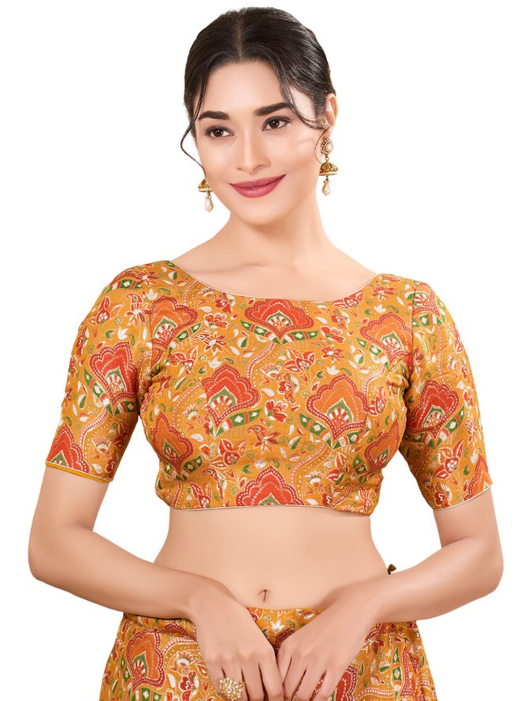 

Mmore Jacquard Round Neck Readymade Padded Blouse, Yellow
