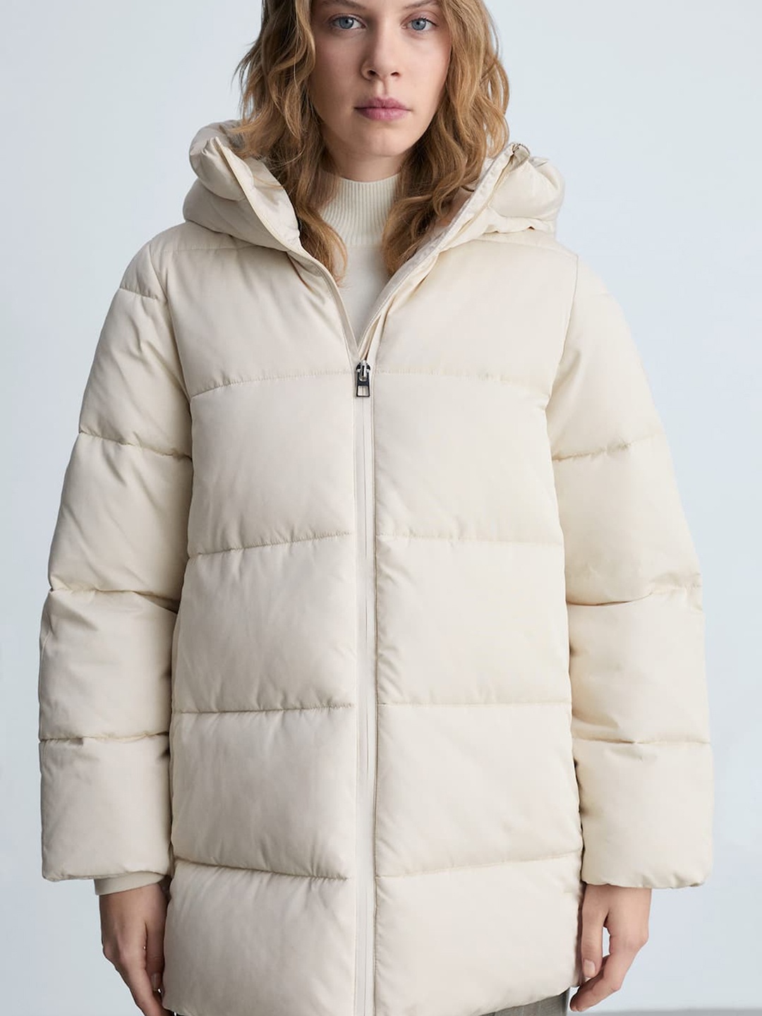 

MANGO Hooded Longline Puffer Coat, Beige