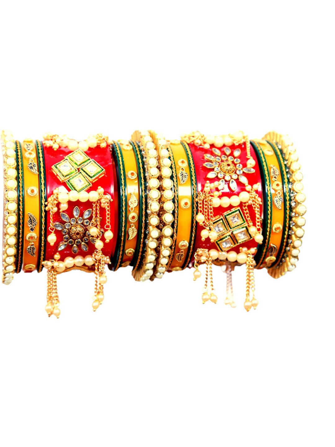 

Align Set Of 2 Gold-Plated Stone Studded & Pearls Beaded Chuda Bangles