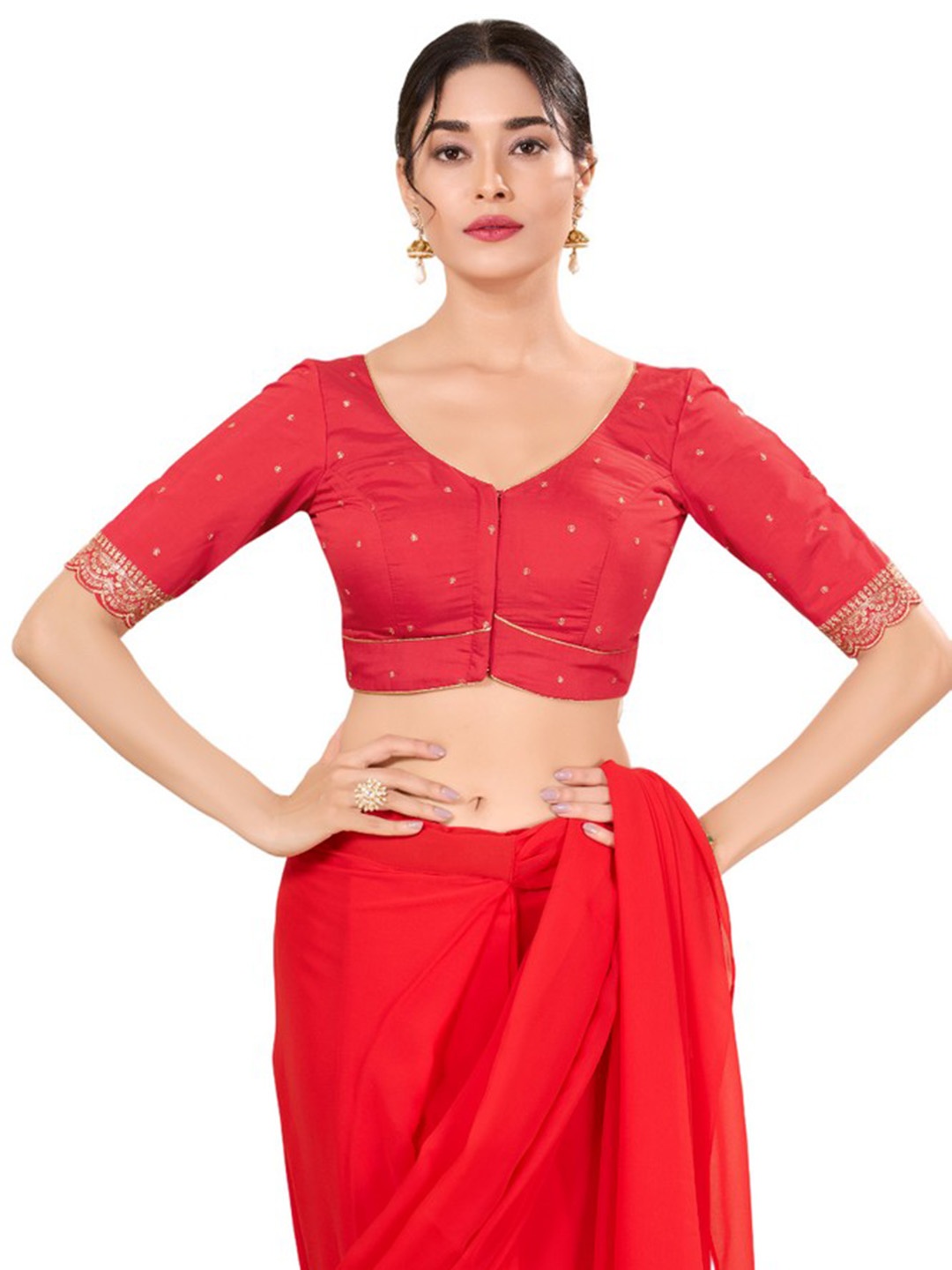 

Mmore Embroidered Sweatheart Neck Silk Readymade Padded Blouse, Red