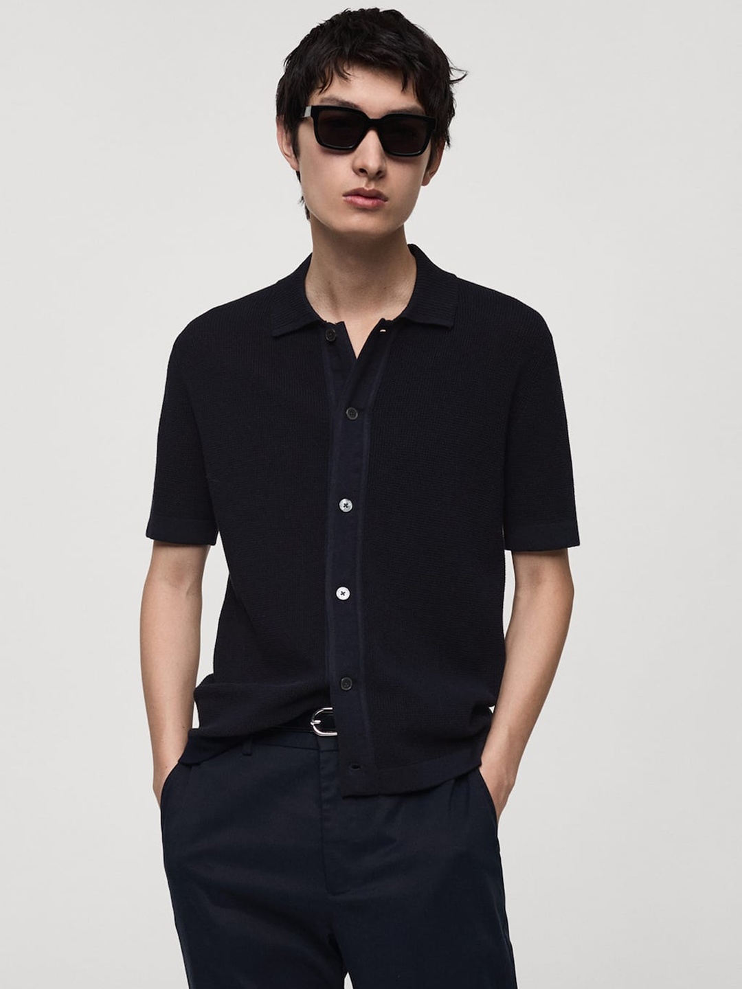 

MANGO MAN Pure Cotton Knitted Shirt, Navy blue