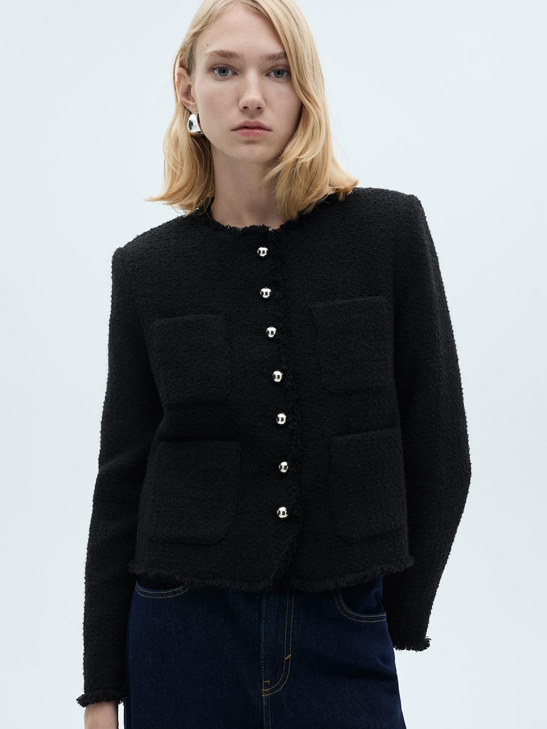 

MANGO Tweed Tailored Blazer, Black