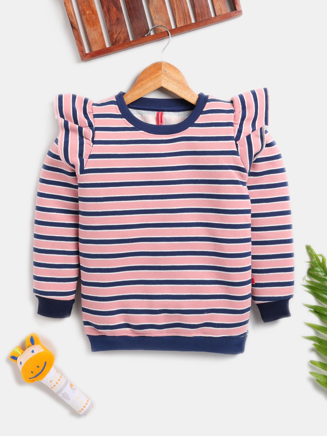 

Here&Now X Game Begins Girls Striped Pure Cotton Sweatshirt with Ruffles, Pink
