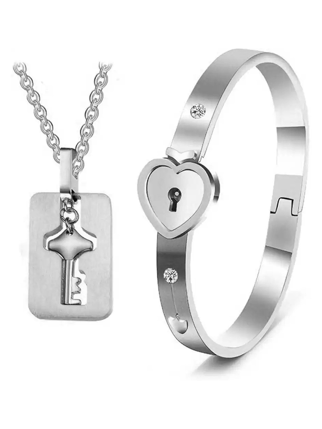 

Lila Cubic Zircon Studded Lock & Key Jewellery Set, Silver