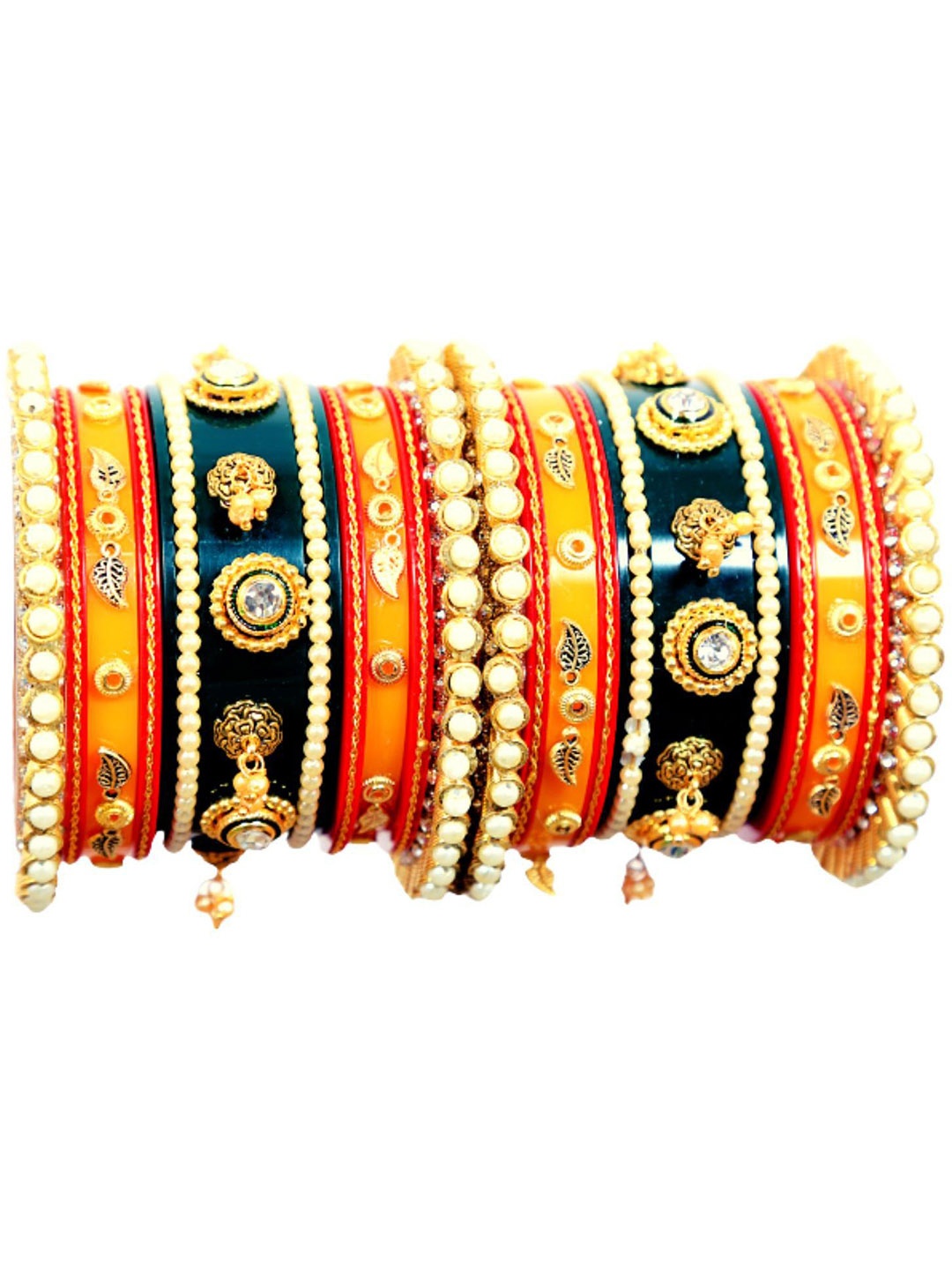 

Align Set Of 2 Gold-Plated Stone Studded & Pearls Beaded Chuda Bangles