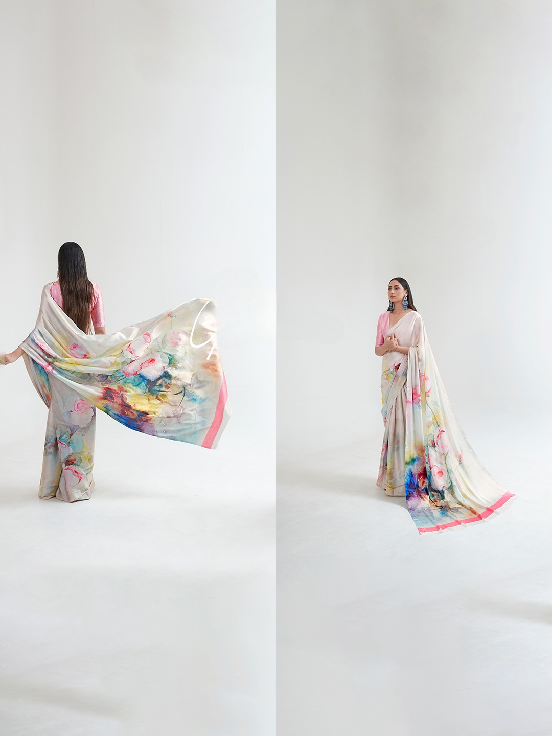 

Rujave Women Floral Printed Satin Saree With Blouse Piece, Cream
